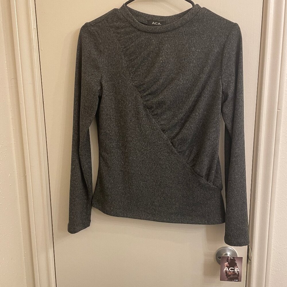 ACA Long Sleeve Wrap Front Top In Black